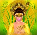 Asian princess with gold crown against a gold and green background. Modern digital art beauty, fashion and cosmetics.