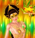 Asian princess with gold crown against a gold and green background. Modern digital art beauty, fashion and cosmetics.