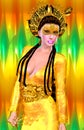 Asian princess with gold crown against a gold and green background. Modern digital art beauty, fashion and cosmetics.