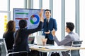Asian professional successful businessman in formal suit standing showing presenting explaining report investment graph chart data Royalty Free Stock Photo