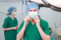 Asian professional surgeon team Operate on a patient lying on a bed in an operating room in a hospital. Royalty Free Stock Photo