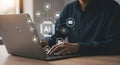 Asian professional utilizes a laptop presenting an artificial intelligence data visualization with connected services Royalty Free Stock Photo