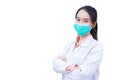 Asian professional young female doctor standing wearing white lab coat and stethoscope in office at hospital. while working Royalty Free Stock Photo