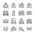 Asian property line icon set. Included the icons as Thai house, Japanese house , Chinese house, palace, home, estate and more.