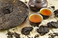 Asian Pu-erh tea still life with dishware and dry leaves