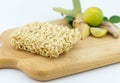 Asian ramen instant noodles on cutting block isolated