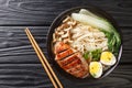 Asian ramen noodle soup with with duck, mushrooms, eggs and pak choi cabbage in bowl close up. horizontal top view Royalty Free Stock Photo