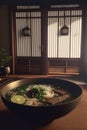 Asian Ramen soup in a bowl. Asian cuisine. Soup with noodles and meat. Generative AI