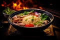 Asian ramen soup with rice noodles, mushrooms and pork in black bowl. Asian cuisine. Delicious and healthy food. Photo for the