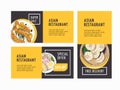 Asian restaurant advertising flyers templates set. Oriental cuisine cafe promo leaflets design layouts. Hand drawn