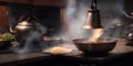An Asian restaurant kitchen, flame and smoke on the gas stove. Generative AI Royalty Free Stock Photo