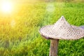 Asian rice hat or coolie hat. Sunny Hill China Guangdong Local Characteristics Hand-Woven Large Conical Hats Sun Hat on the Royalty Free Stock Photo