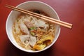 Asian rice noodle soup with pork, fish ball and crisps dumpling. Royalty Free Stock Photo