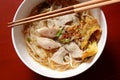 Asian rice noodle soup with pork, fish ball and crisps dumpling. Royalty Free Stock Photo