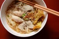 Asian rice noodle soup with pork, fish ball and crisps dumpling. Royalty Free Stock Photo