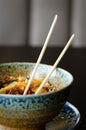 Asian rice with pork, Mu-err mushrooms, napa cabbage, pickled bamboo shoots, spinach, Teriyaki, sweet chili sauce, onion Royalty Free Stock Photo