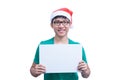 Asian Santa Claus man with eyeglasses and green shirt has holding a white blank advertisement banner isolated on white background Royalty Free Stock Photo