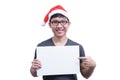 Asian Santa Claus man with eyeglasses and grey shirt has holding Royalty Free Stock Photo