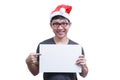 Asian Santa Claus man with eyeglasses and grey shirt has holding Royalty Free Stock Photo