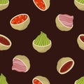 Asian sauces seamless vector pattern. Wasabi paste, pickled ginger, sriracha, soy sauce. Salty and spicy condiments for