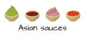 Asian sauces vector set. Pickled ginger, wasabi paste, sriracha, soy sauce. Salty and spicy condiments for sushi