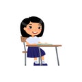 Asian school girl sit at school desk, cartoon characters. Elementary school education process