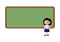 Asian school girl standing near blackboard. Pupil near empty chalkboard cartoon character. Elementary school education process