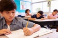 Asian schoolboy working in elementary school class