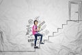 Asian schoolgirl with trophy toward a door Royalty Free Stock Photo