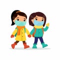 Asian schoolgirls going to school flat vector illustration