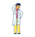 Asian scientist thinking in a lab coat. Young male doctor pondering with hand on head, smiling. Confident medical