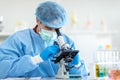 Asian scientists wear protective clothing looking for microscopes while doing medical research Royalty Free Stock Photo