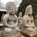 Asian sculptures stone idols, mythical gods, close-up