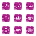 Asian seafarer icons set, grunge style