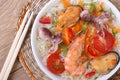 Asian seafood soup close-up top view Royalty Free Stock Photo