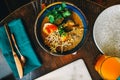 Asian seafood soup, top view. Serving restaurant. Royalty Free Stock Photo