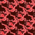 Asian seamless pattern, red dragons on a burgundy background. Legendary Chinese characters. design for textiles