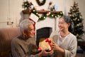 Asian senior couple grandmother happy to send gift box for grandfather with forever love feeling while sitting on a couch near Royalty Free Stock Photo