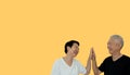 Asian senior couple high five gesture on isolated background support each other partner in life positive energy