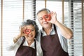 Asian senior couple holding red cookies cutters over their eyes