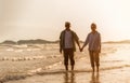 Asian senior couple tourist wear sunglasses hand in hand walking in sea water on beach in summer holiday Royalty Free Stock Photo