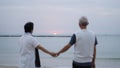 Asian senior elder couple holding hands looking sunset sea ocean together happy retirement life Royalty Free Stock Photo