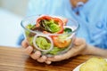 Asian senior or elderly old lady woman patient eating breakfast vegetable healthy food