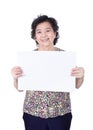 Asian senior female standing with empty horizontal blank paper i
