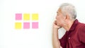Asian senior man expression worry note paper. copy space Royalty Free Stock Photo
