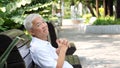 Asian senior man relaxing in the park laughing in sunshine Royalty Free Stock Photo