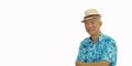 Asian senior man retired elderly in hawaii shirt straw hat happy vacation mode isolated copy space background