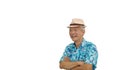 Asian senior man retired elderly in hawaii shirt straw hat happy vacation mode isolated copy space background