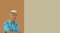 Asian senior man retired elderly in hawaii shirt straw hat happy vacation mode isolated copy space background