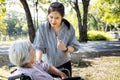 Asian senior mother is confused because she can not remember the face of their daughter,problem of memory loss in elderly woman,